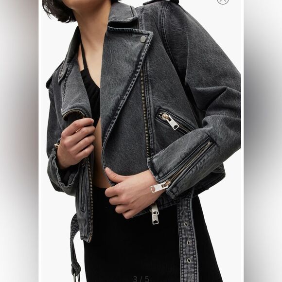 NEW NWT All Saints Balfern Denim Biker Jacket in Washed grey size 2 women’s - Picture 2 of 14